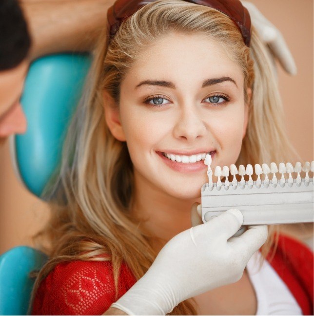 Woman's smile compared to dental shade options