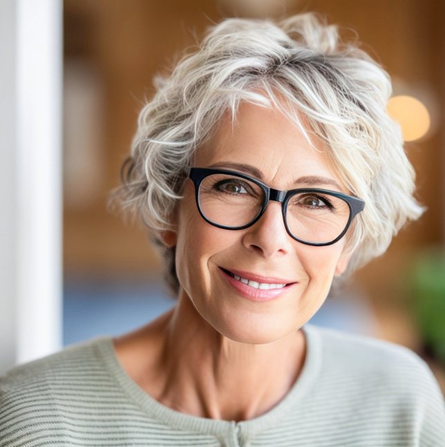 A woman wearing glasses and smiling