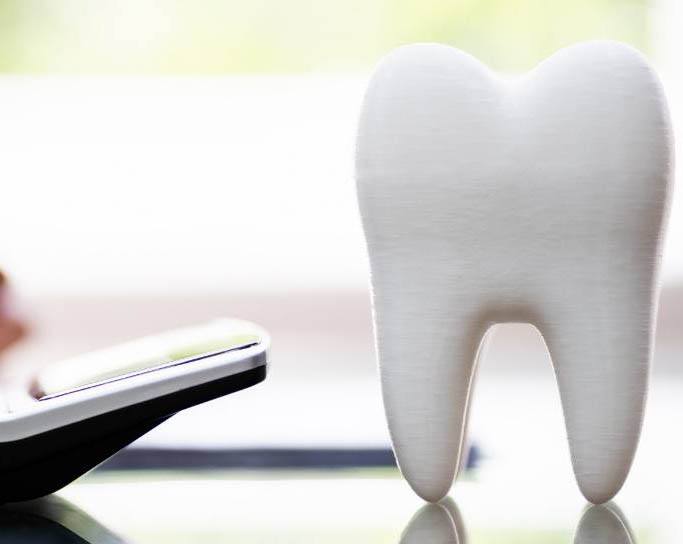 Model tooth next to calculator on desk